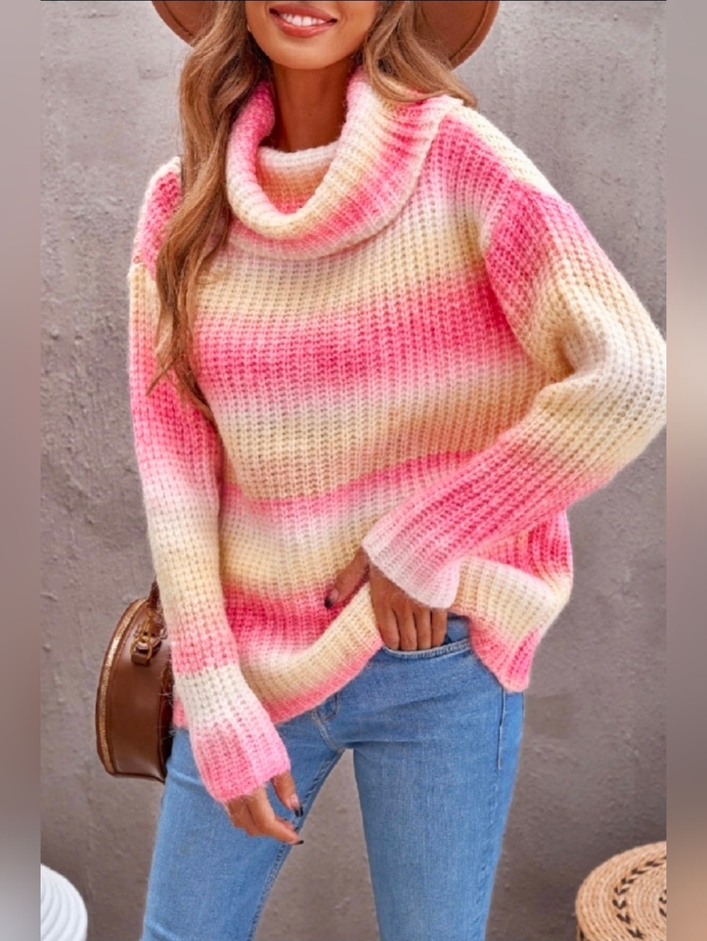 NEW WITH TAGS Medium Pink Yellow Ombre Cowl Neck Long Sleeve Sweater